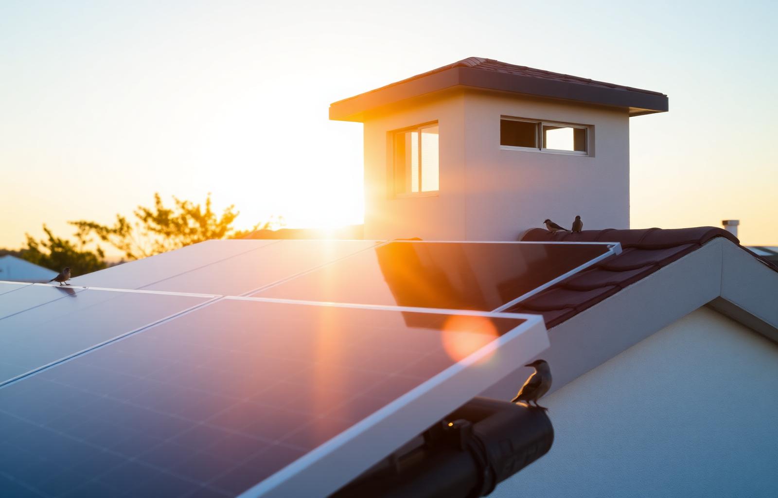 Solar panels on a residential roof at golden hour with birds nearby